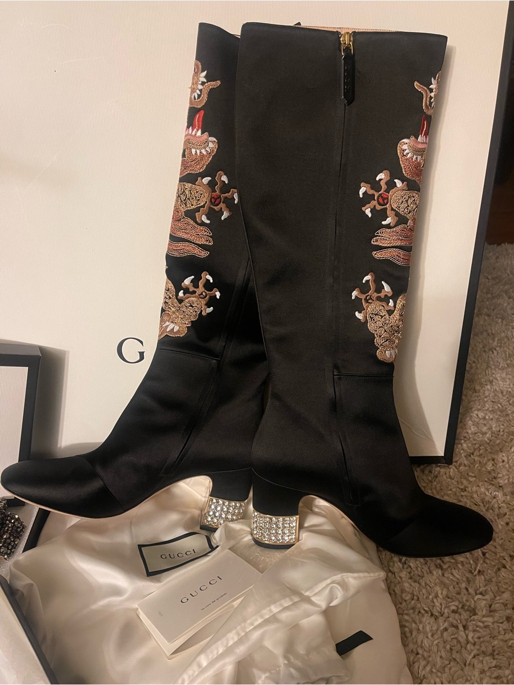 Gucci Black Satin Tall Boots with Embroidered Dragon Motif - Picture 4 of 8